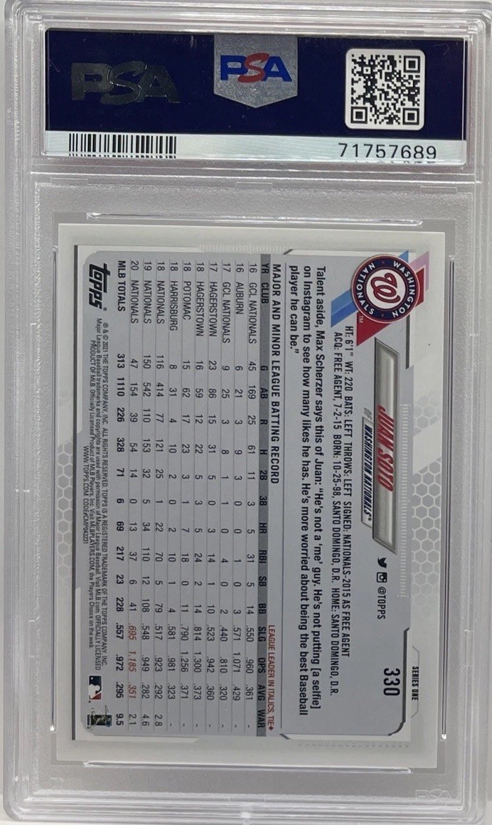 2021 Topps #330 Juan Soto Nationals Mask Dugout Image Variation SSP PSA 10 GEM view 2