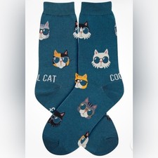 Cool Cats Women's Crew Socks Size4-10Blue Foot Traffic Novelty KittyFashion