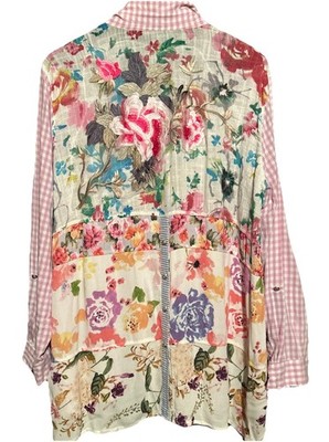 John Mark Blouse Gingham Floral Embroidered Overlay Back Button Down Artsy Sz 0X
