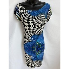 J Y2K Houndstooth Mini Bodycon Dress Size S Blue 2000s Floral Abstract Date Cute