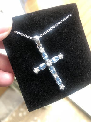 #ad Pretty Blue Stone And CZ Cross Necklace Silvertone $11.20