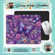 Mouse Pad Purple Butterflies Flowers Colorful Floral Anti Slip Back Easy Clean