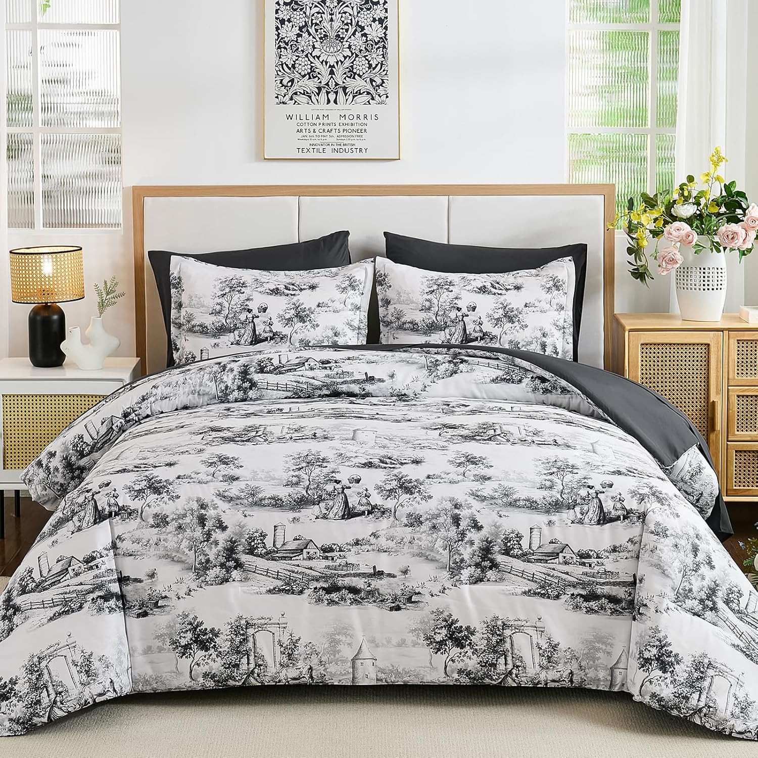 Queen Comforter Set 7 Pieces, Black and White Botanical Bed in a Bag, Farmhouse