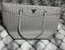 GUESS Gray Logo Print Zip Tote Bag Silver Hardware Lined Inner Pockets