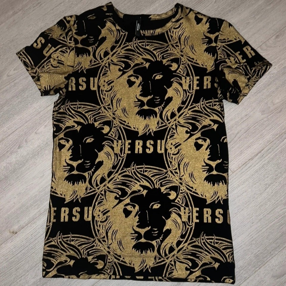 Gianni Versace Tshirt Mens Gold Lion AllOver Logo Print Cotton Black