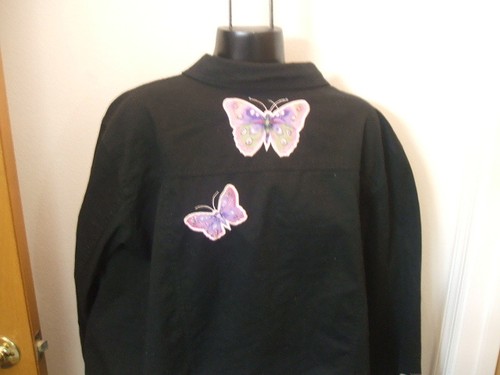 Quacker Factory Jacket Black Embroidered Beaded Butterflies Sz 2X Button Front - Picture 10 of 11