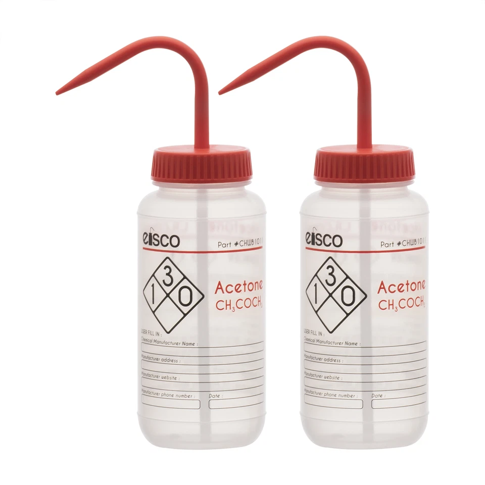 2PK Acetone Wash Bottle, 500ml - Wide Mouth, Pre-Labeled - LDPE - Eisco Labs