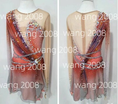 RDWang Girls Black Red Ombre Long Sleeve Figure Skating Dress - Mesh High Neck Competition Skater Dress