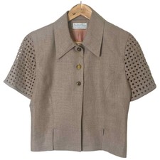 Vintage Made In Usa Linen Jacket Basket Weave Sleeves Marble Buttons Size 8