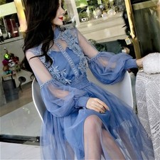Girls Lace Hollow Out Puff Sleeve Floral Dress Retro Mesh Elegant Fairy Lolita
