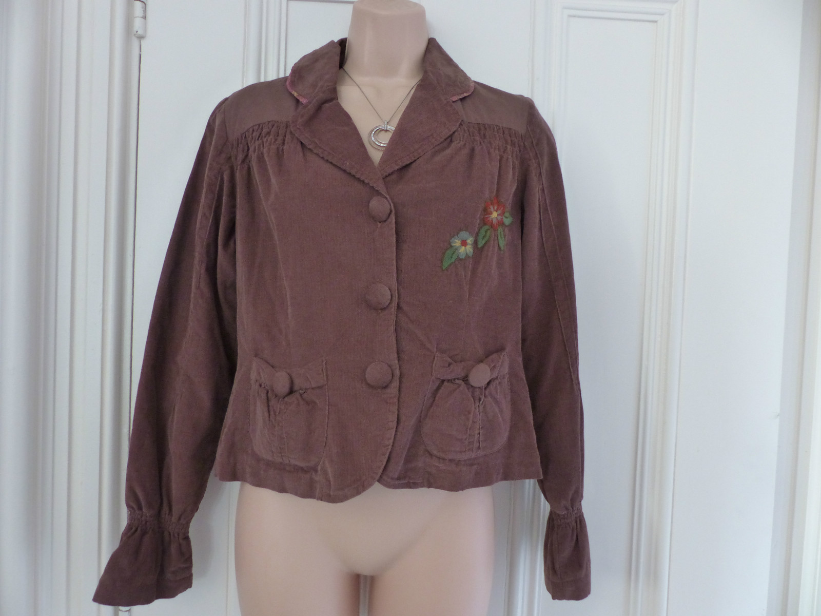 ALTRA Graziosa giacca in velluto a coste marrone ricamata di Solola UK 10