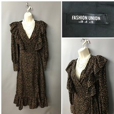 Fashion Union Black Orange Mix Ruffle Boho Smock Wrap Dress UK 10 EUR 38 US 6