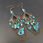 Vintage Chandelier Earrings Light Blue Long Deco Brass Bohemian Runway Romantic