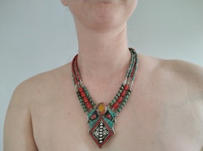 Vintage Tibetan Silver Turquoise Coral & Amber Statement Necklace Boho Jewelry