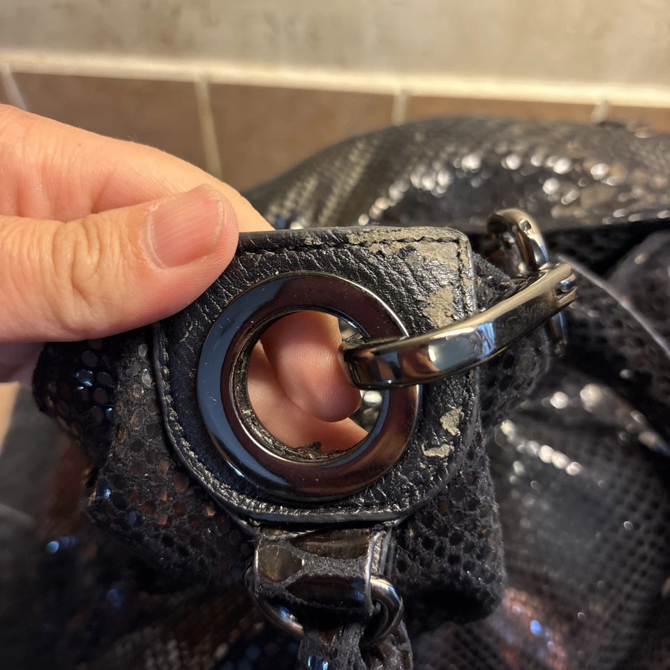 sondra roberts squared purse Black shiny snake skin fringe Boho Slouchy Bag - Image 4 of 4