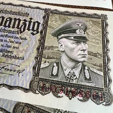 1945 Germany 3rd Reich 20 RM (Reichsmark) banknote, Erwin Rommel