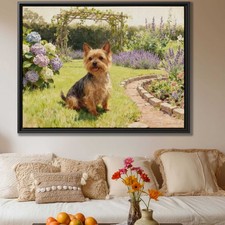 Oil Painting Yorkshire Terrier Dog Canvas Print Floral Garden Wall Art Decor