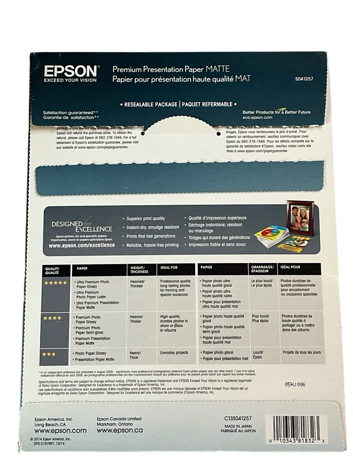 Epson Heavyweight Matte Premium Presentation Paper 50 Sheets S041257 8.5X11 - Image 2 of 2