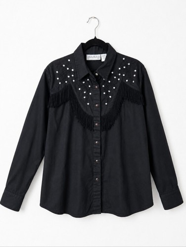 Adobe Rose Black Western Fringe Rhinestone Snap Shirt Women's 2X Vintage Cowgirl