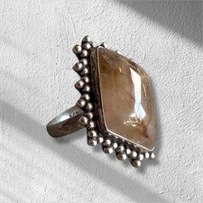 925 Sterling Silver Golden Rutilated Quartz Statement Ring Size 10 Artisan