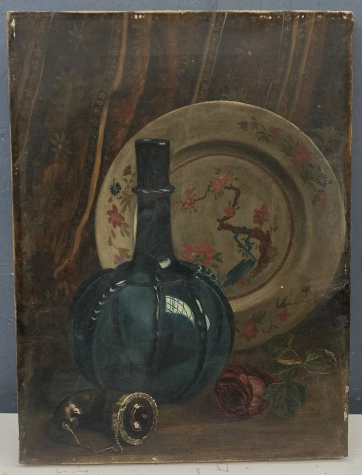 Tableau Ancien Huile Assiette Porcelaine Chine XVIIIe Bouteille Verre Bleu XIXe - Photo 2/4