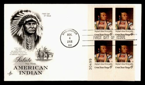 DR WHO 1968 FDC INDIAN CHIEF JOSEPH PLATE BLOCK ARTCRAFT CACHET M79174