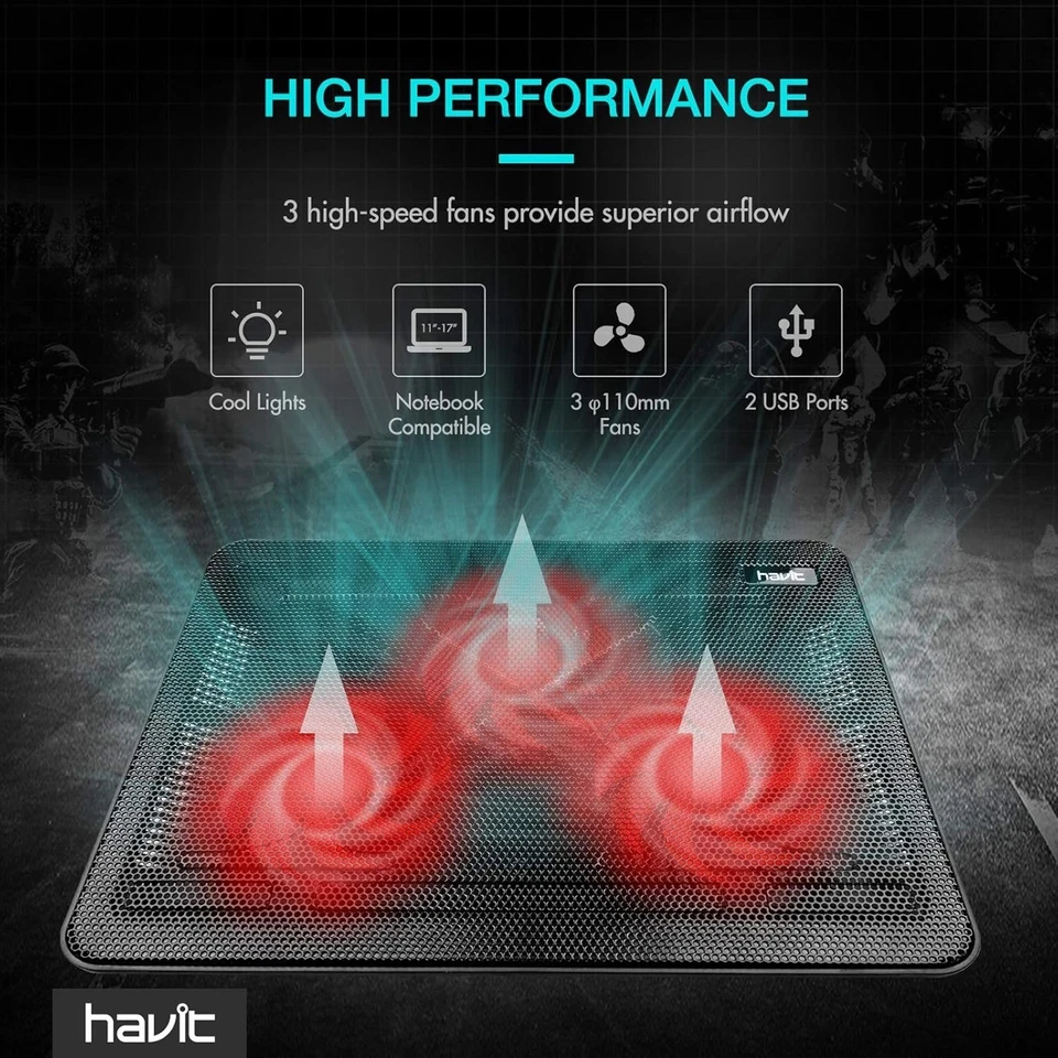 HAVIT HV-F2056  15.6 inch-17 inch Notebook Cooling Pad 3 Fans USB - Red - Image 2 of 4
