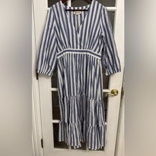 MADEWELL Women's Blue & White Striped Long Sleeve V-Neck Cotton Dress Size 10