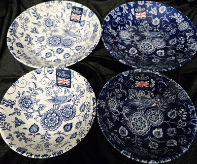 Queen's by Churchill Blue Floral Earthenware Cereal Bowls Set of  4. 2×6'', 2×8''