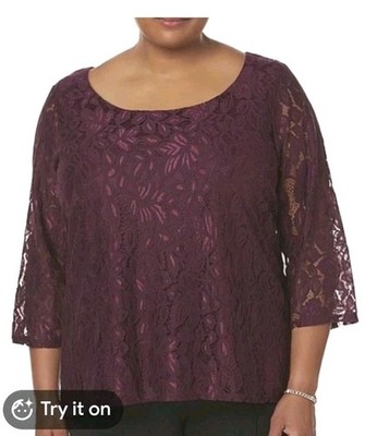 NWT Simply Emma Floral Lace top Women 1X. Raspberry Semi-sheer