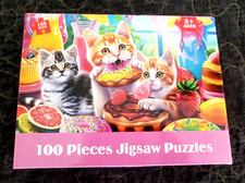 100 Piece Jigsaw Puzzle Colorful Cute Kittens  Donuts 15" x 10.6" Complete