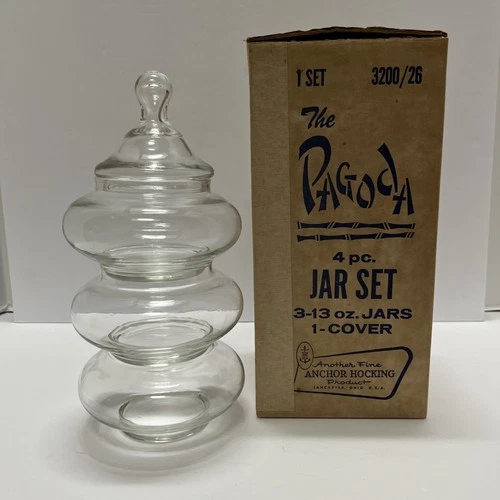VINTAGE NOS Anchor Hocking Pagoda 4pc Stacking Jar Set Crystal Clear + Orig. Box