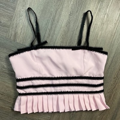 Forever 21 Coquette Lace Trim Bow Pleated Cami Top Womens Medium Pink Black Doll
