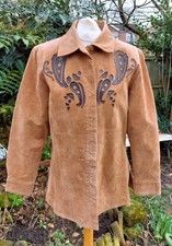 Designer Beth Terrell Beige Genuine Suede Embroidered Mid-length Jacket Uk 10-12