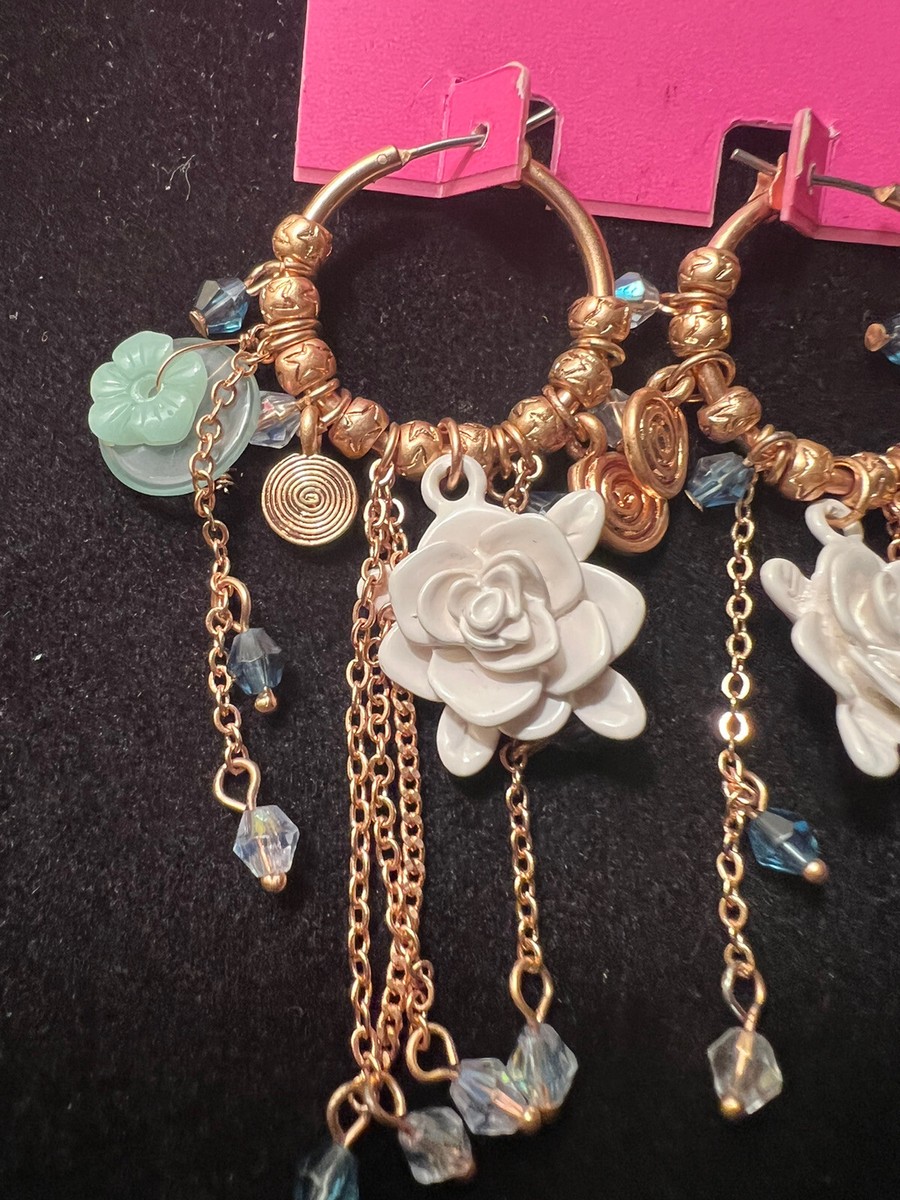 Betsey Johnson White Hoop Earrings with Pink Bead Stitching Betsey Johnson Rhodium Straight Heart CD Hoop Earrings - Macy main image 3
