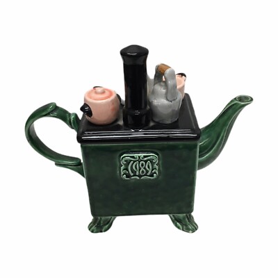 Decorative Teapot - Old Stove With Utensils, 1989, Green