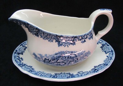 Vintage Salem Olde Staffordshire Blue English Village Gravy boat and liner Old