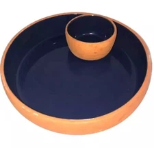 Indoor Outfitters Over and Back Terracotta Chip & Dip Bowl Indigo Blue Glaze