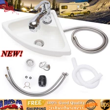 RV Boat Marine Caravan Camper Acrylic Triangular Sink With Faucet Drain Hose Kit