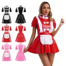 DE Damen Dienstmädchen Kostüm Sexy Lack Leder Minikleid Französisch Magd Kostüme