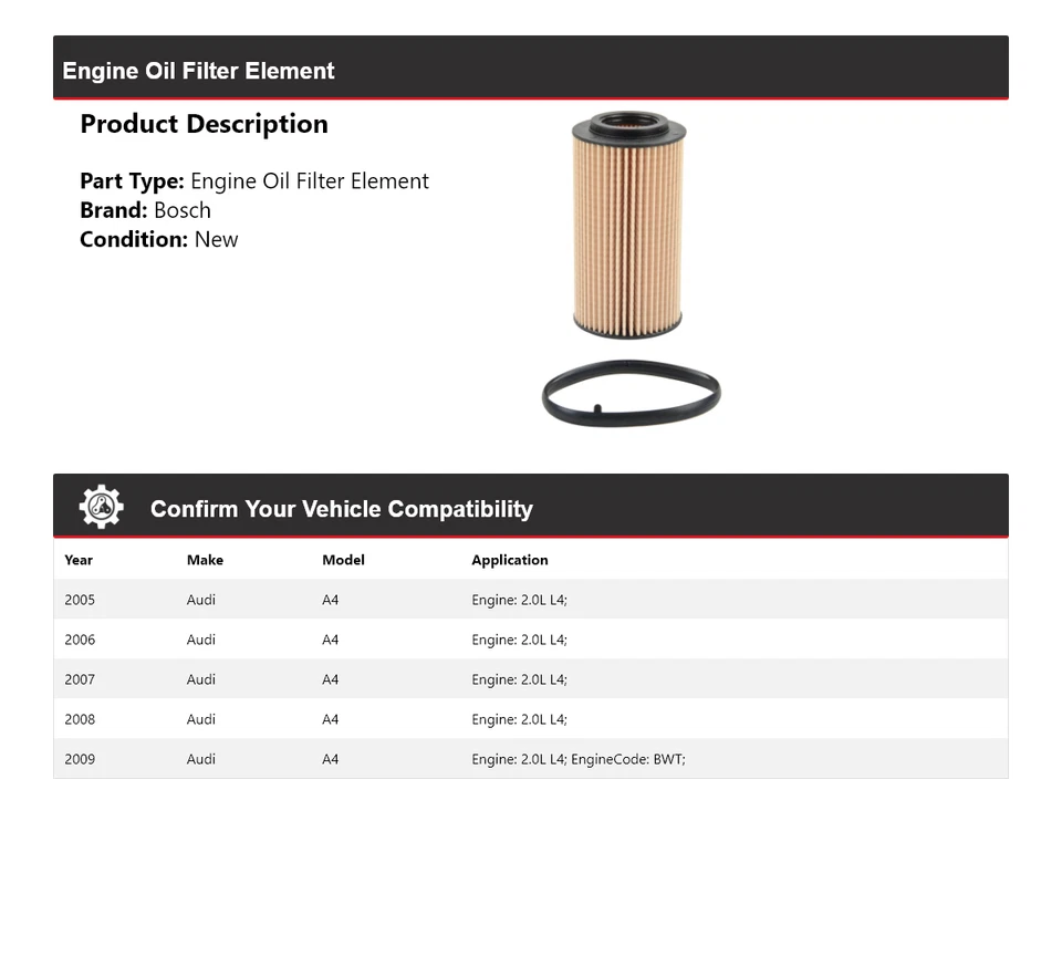Масляный фильтр премиум-класса для Audi A4 2,0 л L4 Bosch 2005-2009 годов выпуска 2006 2007 2008 годов выпуска - Изображение 2 из 3