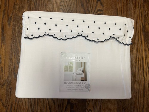 Set lenzuola regine shabby chic ricamate a pois capesante BLU NAVY bianco 100% cotone - Foto 2 di 5