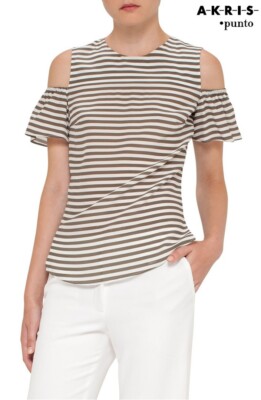 AKRIS PUNTO NWT $695 100% SILK STRIPED RUFFLED COLD-SHOULDER BLOUSE. SZ 2 (XS)
