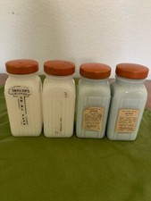 VINTAGE 2 GRIFFITHS MILK GLASS SPICE JARS RED LIDS, 2 MORE MILK GLASS SPICE JARS
