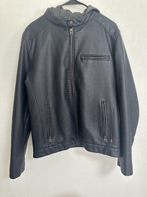 Levi's Men's Medium Hoodie Sweatshirt Lined Faux Leather Jacket Navy Blue