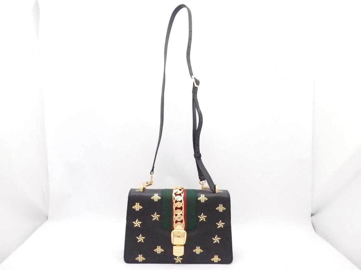 Auth Gucci Sylvie bee and star Crossbody Shoulder Bag Black/Gold Leather  e54452g