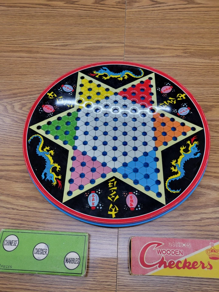 Vintage Chinese Checker Game Round Metal Tin Round Board  With Checkers, Marbles - Image 3 of 4