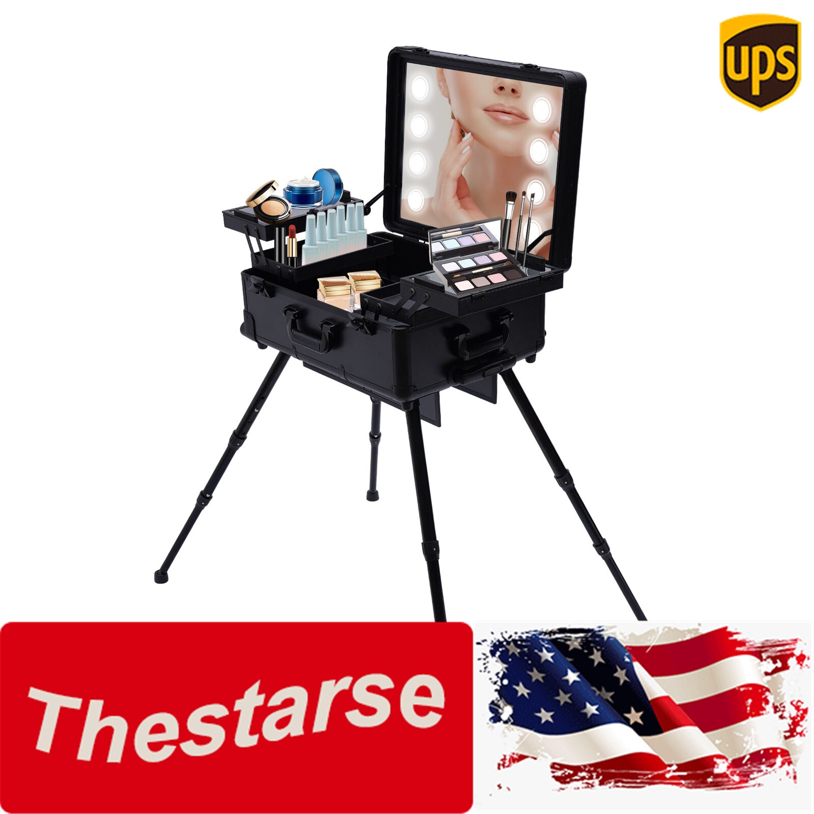 Rolling Makeup Train Case Cosmetic Trolley Organizer Travel w/LED LIght & Mirror
