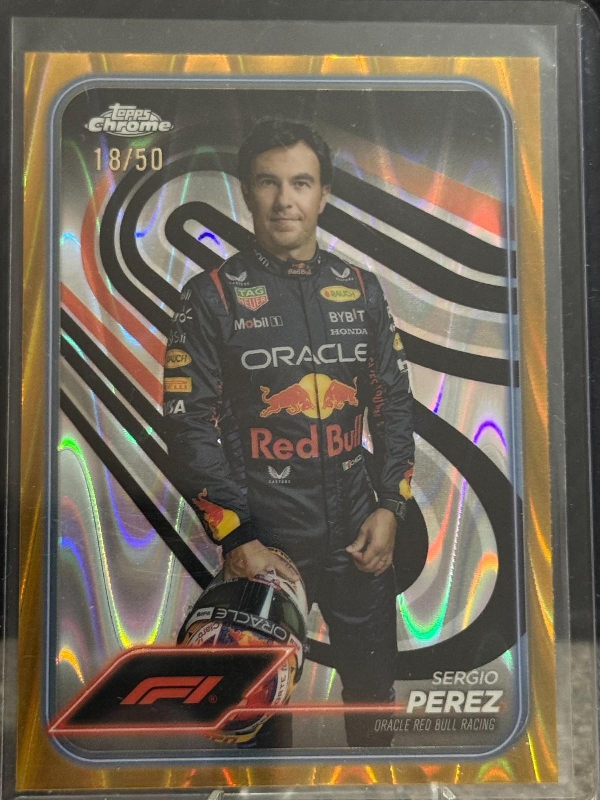 2024 Topps Chrome F1 Sergio Perez #2 Gold Raywave Refractor /50