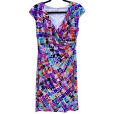 Kasper Multicolor Abstract Geometric Sheath Dress 10 Ruched V-Neck Cap Sleeve